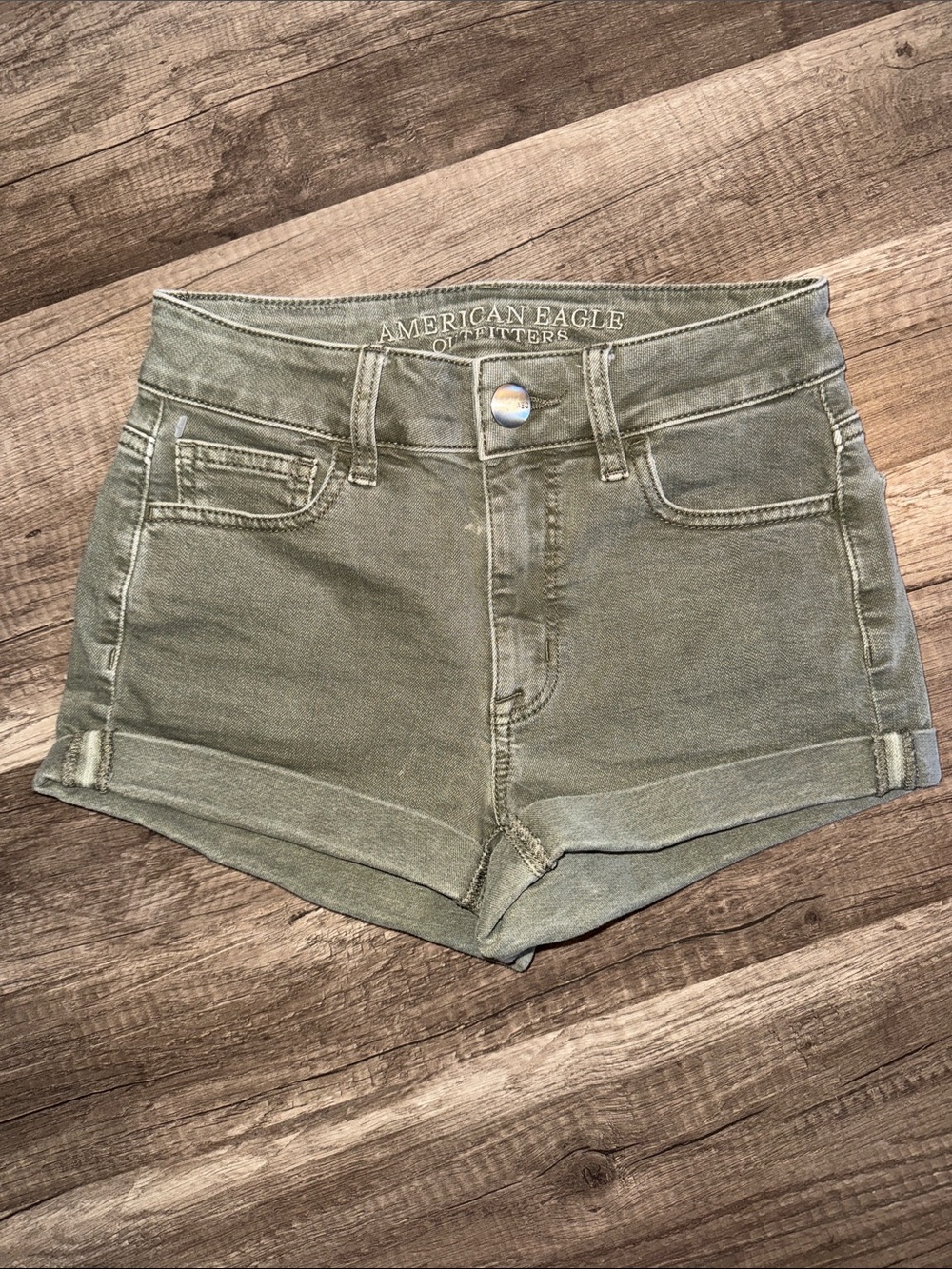 American Eagle Outfitters Super Super Stretch Olive 🫒 Hi-Rise Denim Shorts - 00